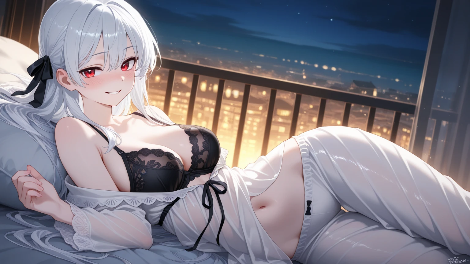 anime woman in a lewd outfit, panty shot, tiny bra, lingerie, lacy, black lingerie, white hair, brown eyes, in love