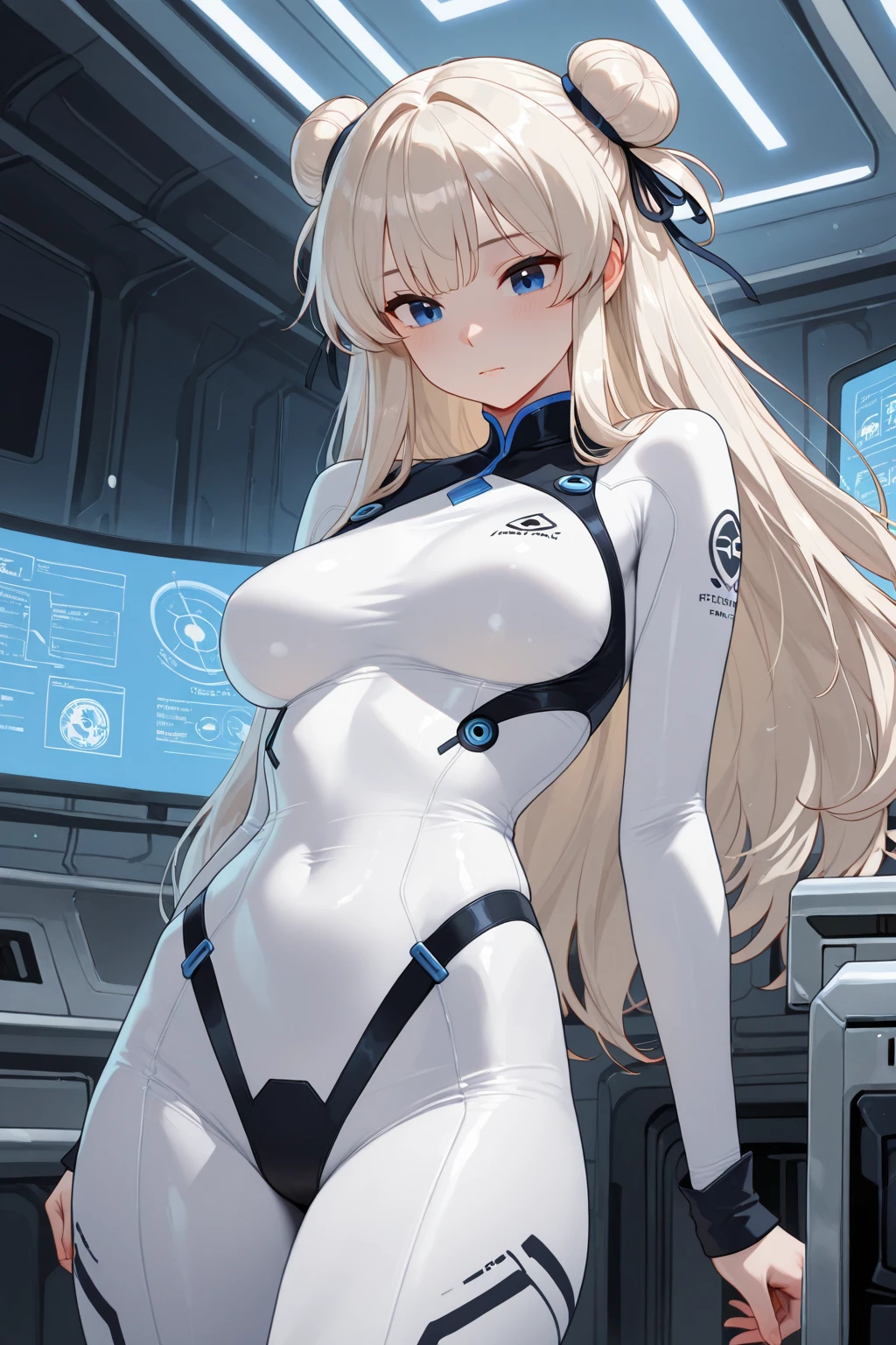 ((masterpiece)), (Highest quality), (Simple style), Silver hair Super long hair Blue eyes Plug suit(See-through) Slim body Tall Small breasts Cockpit
