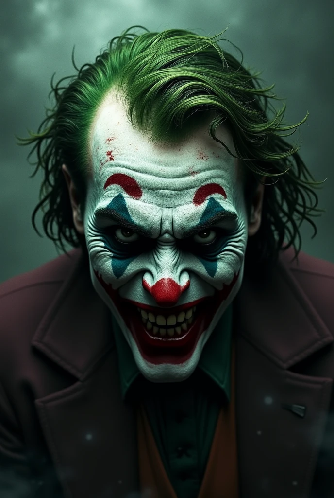 "Disfigured Joker mask, sorriso sinistro, blood tears, sombrio, qualidade excepcional, multiple scars on the face, cabelos verdes."