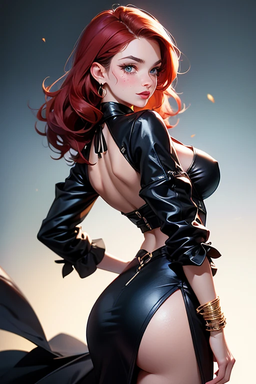 (best quality:1.5, highres, UHD, 4K, detailed lighting, shaders), gold curly haired, gradient hair, large breasts, suit, T-shirt, social shirt, short skirt, mature woman , (pov), black background, colorful eyeshadow, dramatic lighting, sparkling eyes, sensual expression, golden earrings, flowing hair, delicate facial features, soft skin, high cheekbones, urban setting, black background, dont look for the camera, lean forward,  behind  the camera