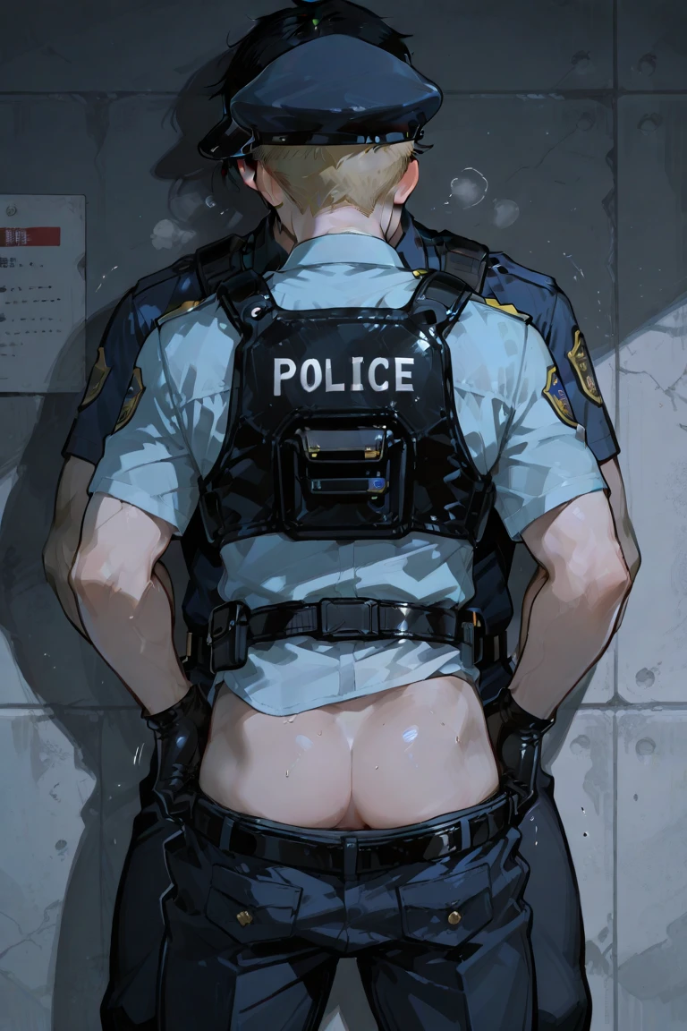 ((best quality)), ((masterpiece)), (detailed), male only, male, cartoon, green hair, purple eyes, little beard,muscled, buff, himbo, naked, nude, embarrassed, ashamed, panic, stopped by police, night, arrested, being arrested, handcuffs, handcuffed behind back, small penis, micropenis, public, crouching