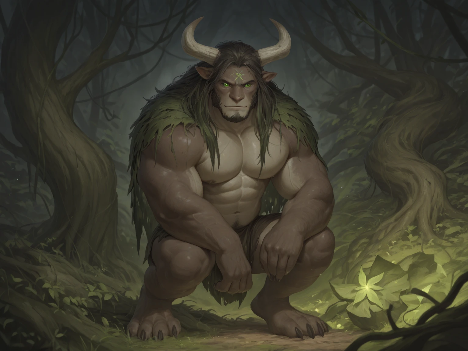 ultra-detailed, masterpiece, masterwork, high quality, best quality, hdr, nature, forest, nsfw, (solo), male, dragon, chibi, (red little body minotaur), (topless, torn white loincloth), (chubby red body), (long silver hair), (yellow eyes), angry, action pose, dynamic angle, (micropenis, foreskin, detailed penis perfect balls), Penis protruding from torn loincloth, Body covered with scars, urine, pissing, pee