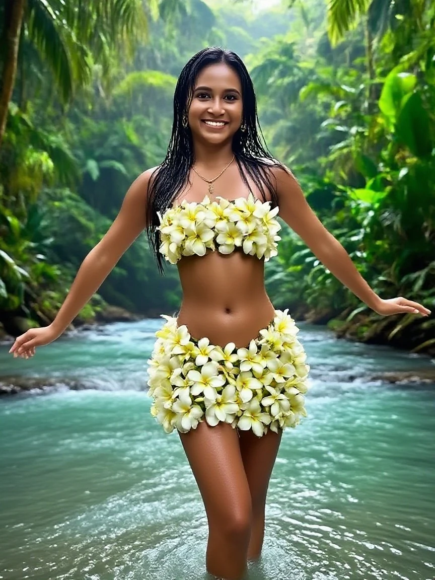 I want a picture of a Hawaiian girl in a Grass skirt and bra made of coconuts with a sunflower in her hair, squatting behind a tropical bush, she is peeing and you can clearly see urine coming out of her body. You can see the trail of urine. You can see her pee. I want to see the pee!