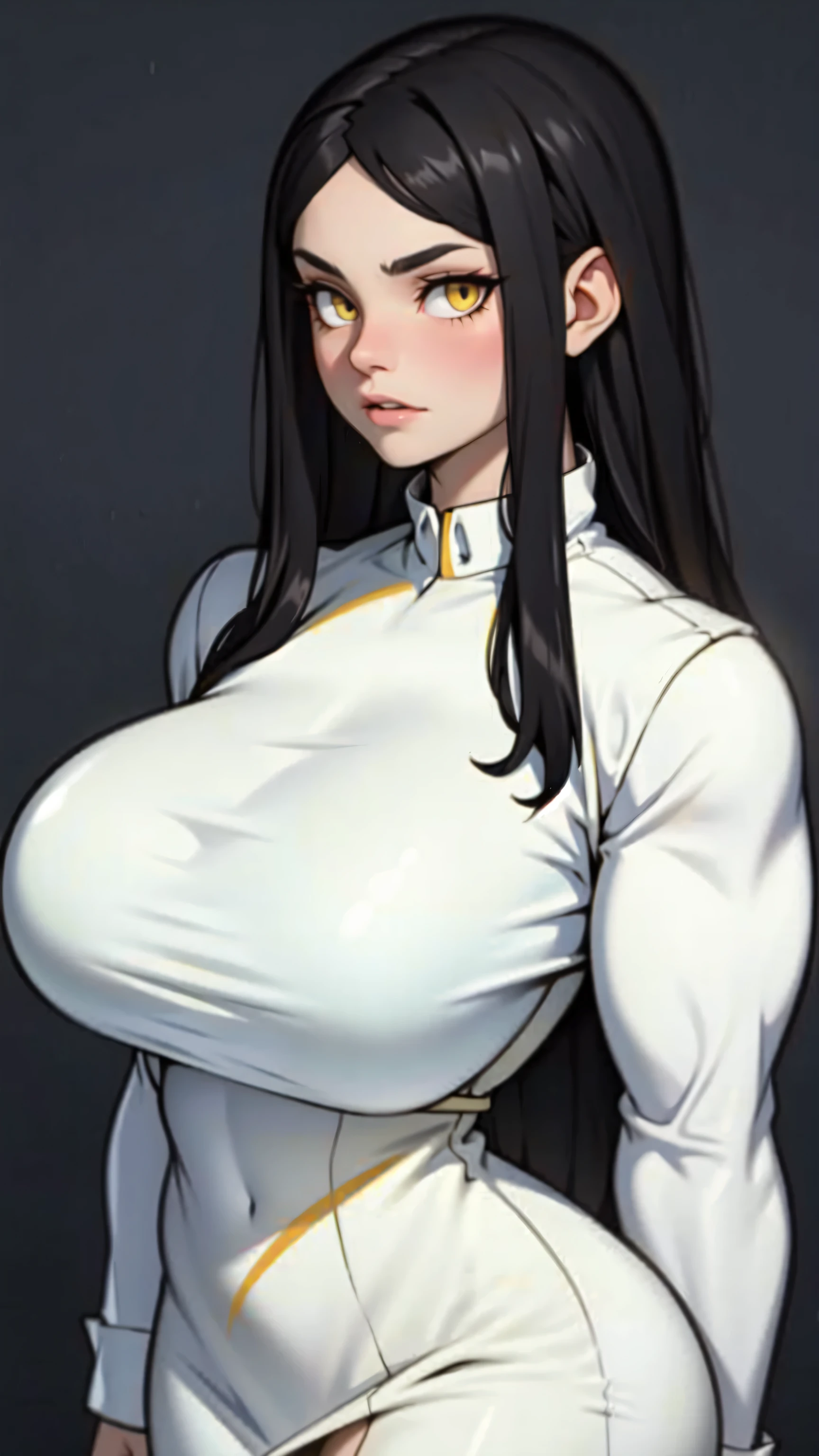 long sleeve long white dress girl huge muscles big breasts thick black hair yellow eyes pale skin 