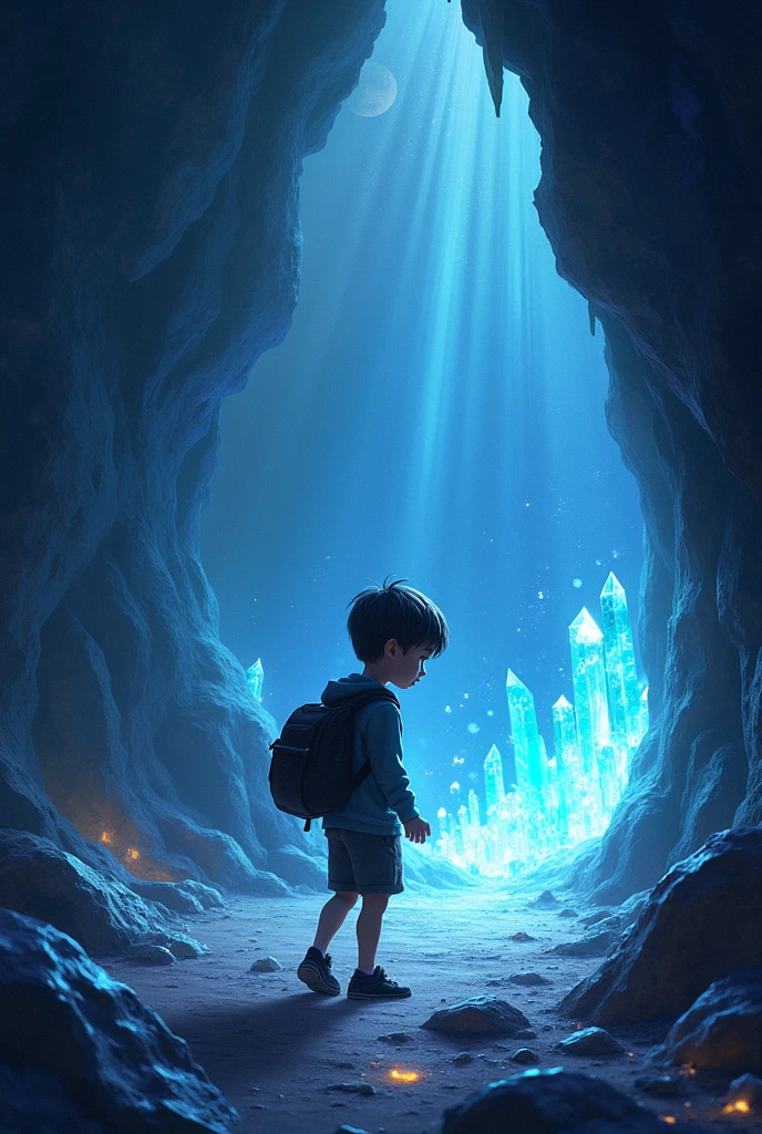a boy with black hair, black eyes, wearing a blue shirt and white shorts and white sneakers with a toy in his hand, singing the song as the rock opens and the Crystal is released.