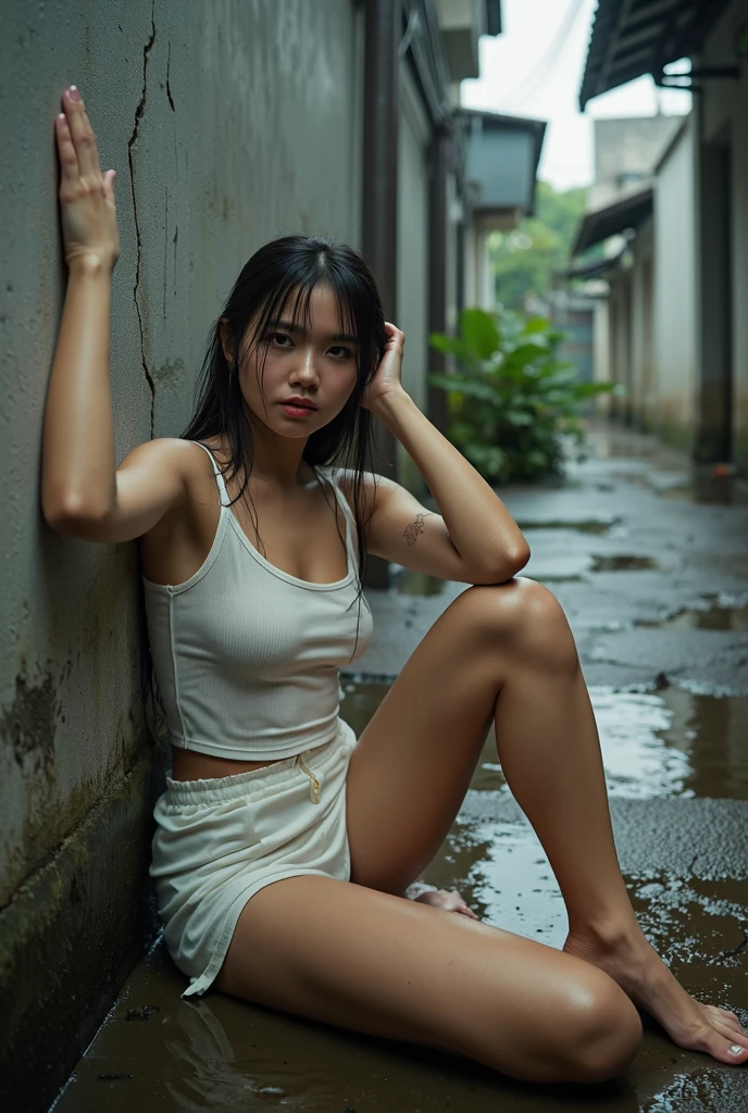 Young sweet beautiful Bogor city girl, 23 years old, thin body, slim thigh, sweet georgeus Bogor city girl face, descent mixed from sundanese and turkish, wet very messy short black hair, standing tormented, shock  full convulsions on a wet steel floor in center of a wet  jail room, exhausted open wide chained legs,  being punished by very high voltage electicity at her butt, in a jail room as a political prisoner in Bogor,  both her hands chained backwards, being having interogation in center of  room, wearing wet white dirty Torn apart mini  short, hyperrealistic, very detail, no cartoon,   very grimacing in pain convulsions face,   bulgged panic  convulsions eyes, raised head, bending full backwards spines, open wide mouth to taking deep breath,  full all body  to the feet view, all fingers have normal shape, legs have normal couple numbers and shape, in the afternoon,   wearing wet white dirty thin tank top torn aparts t-shirt, no bra, no panty, some buckets of water being splashing to her head and body, water flowing down from all her skins and hairs, water splashed and drops are visible, 