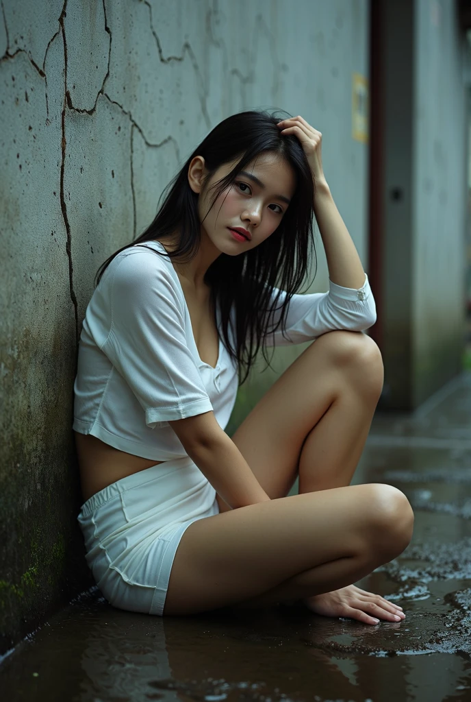 (8k, RAW photo, best quality, masterpiece, : 1.2), (realistic, photorealistic: 1.37), 17-year-old Japan girl with sad face of homeless, sad expression of despair, sitting and depressed, poor, dirty alley littered with garbage, trash cans, garbage dump, pouring rain, torn and dirty tattered dirty clothes, collarbone, no bra, torn micropants, wet clothes, dirty hair, dirty face, dirty skin, wet skin, muddy skin, muddy feet, only one foot barefoot, small breasts, unkempt hair, tan, close-up, from below, highest quality, ultra-high resolution, physically based rendering, cinematic lighting, complex and cinematic look, night, streetlamp light, dirty alley background, photorealism, cowboy shot, dynamic angle