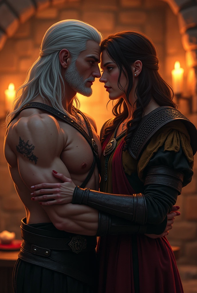 full faraway view, Stunning dark fantasy 25 year old anime male assassin, with long black hair freckled skin, intimately kissing, a 25 year old male anime druid, handsome, with long white hair, eyes closed, facial expressions of lust, Dark fantasy romantic semirealistic manga comic style. Volumetric and dynamic lighting. Hyperdetailed photorealistic hyperrealistic