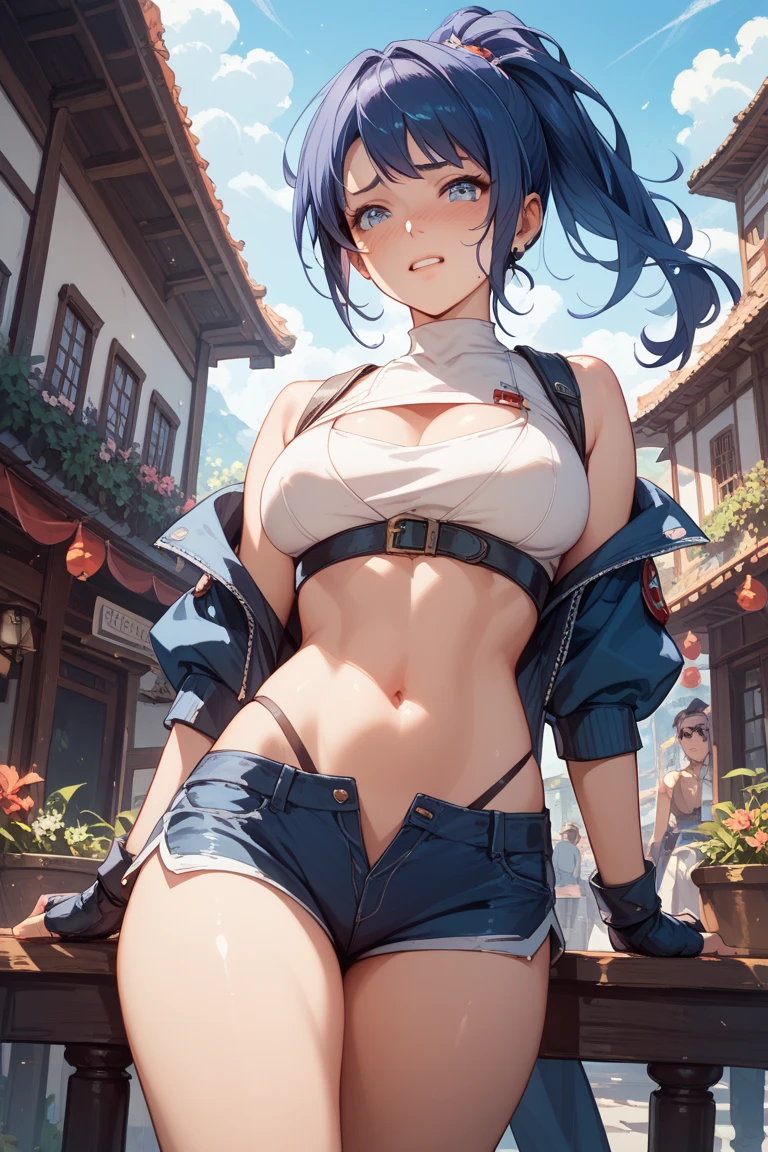 (((Ganyu from genshin impact))), (small breasts), (Sports bra), leggings, (squatting), (view from behind)