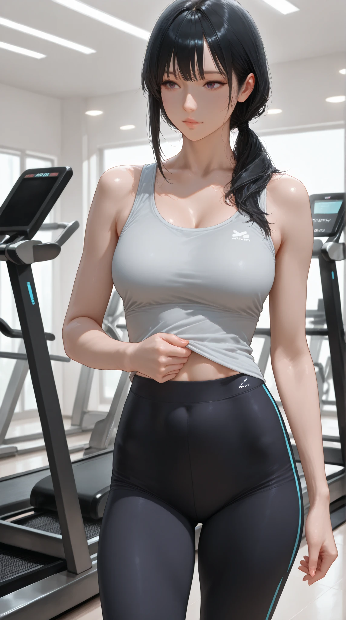 beautiful  Girl , Lie down on the bench, thick leg, big breasts thin waist, fitness , fitness centers , Large front window , Self-adhesive fitness wear , Top quality 4K，Fitness Girls、Cute Baby Turtle、hentail realism, 8K, 1girl in, Cyan pupil, Mole under the eyes, Toned abs、Beautuful Women、Colossal tits:1.3、Beachy、True to life、8K、Russian girls、Wearing gray long-sleeved long pants and full-body tights、(perspired)、((Woman exercising in gym))、((Wet hair))、(Erotic face)、toned thighs、with detailed face、Detailed lips、A detailed eye、Long hair、Refreshing eyes、Sitting position，Opening legs，hand touching thigh，licking finger，（erotic posing），