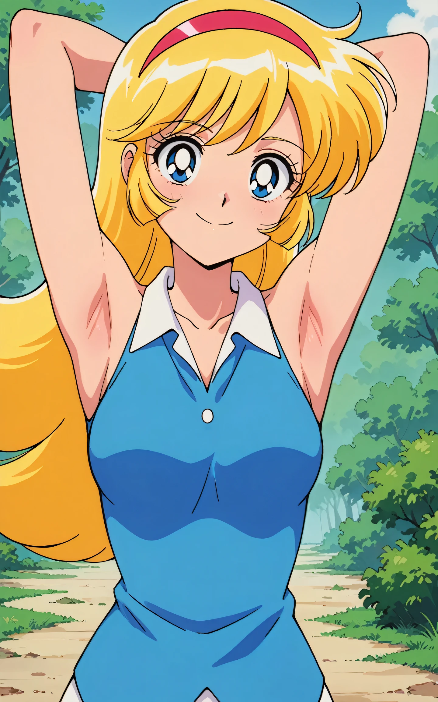 masterpiece, best quality, amazing quality, anime coloring, retro artstyle, 1girl, solo, KisaragiHoney, blonde hair, long hair, blue eyes, medium breasts, hairband, blue sleeveless shirt, collared shirt, white collar, open collar, sleeveless, bare shoulders, bare arms, arms behind head, armpits, armpits focus, head towards viewer, looking at viewer, direct eye contact, smile, closed mouth, outdoors, day,