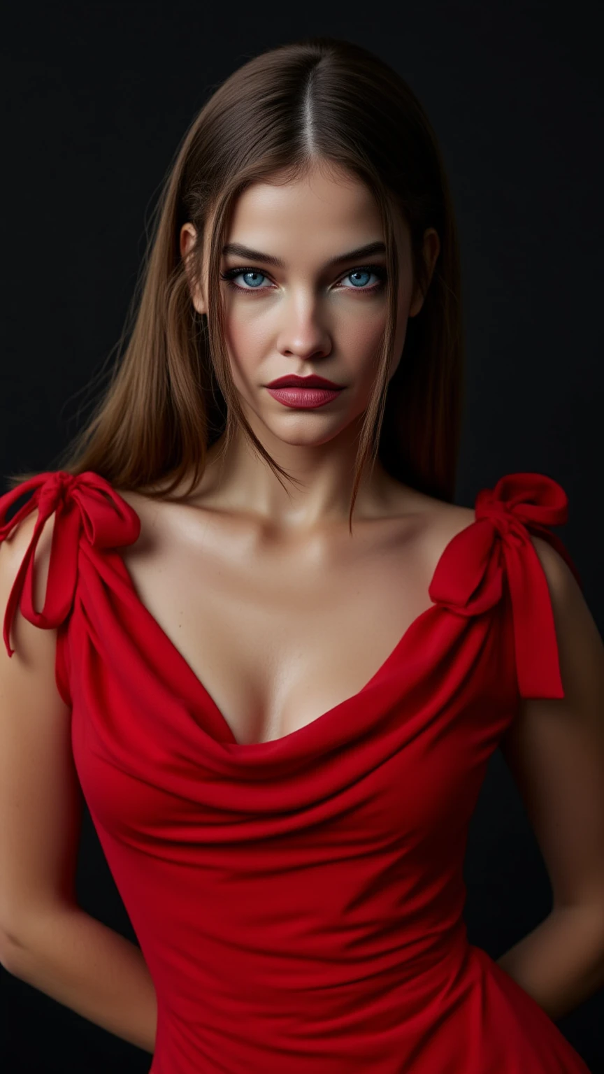 ((best quality, 8K, masterpiece :1.3)), 22 year old girl, very detailed, head facing camera, (ponytail hairstyles)), ((flat facial expression)), (( wearing red oversize sweater, off-shoulders)), (( elegant makeup)), very detailed, realistic, sharp features, very detailed, sharp focus, perfect face, perfect symmetry, perfect eyes, perfect lips, nice anatomy, flexible female body shape, sexy face, big breasts, open cleavage, ((cinematic, film light)), very detailed, hyperrealistic, masterpiece, atmospheric, high resolution, dynamic studio lighting, ((dark background)), studio, looking at the viewer's atmospheric perspective, volumetric lighting, clear focus, (realistic, Hyperrealistic: 1.37), 16k HD, information, ((full shot)).