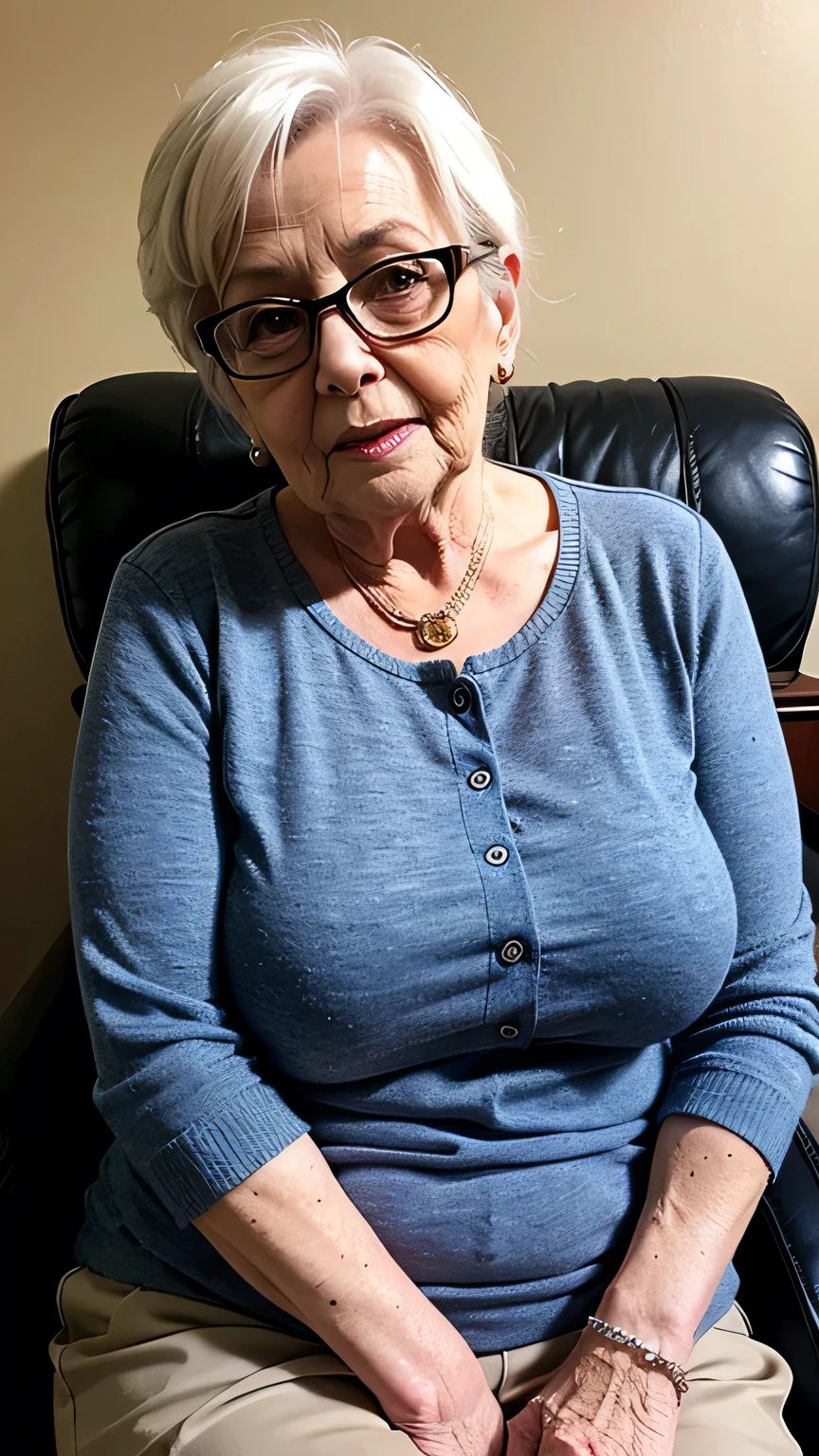 Grandma Alcina Dimitrescu, 95 year old man with saggy breasts and large glasses, Sitting naked in a chair、Spread your legs wide,(((Grandma masturbates while reading a porn book))),old woman with eyes closed, She had her mouth open and a look of anguish on her face., (Old woman with heavy makeup,Lips are red,Old woman with wrinkles all over her body,), (Huge Ass),(Big breasts Saggy breasts),(Nipples are erect),((Grandma feels too much、The pubic area is wet with love juice)),((A penis pistons inside a grandma&#39;Cum in my hand))The scene was filmed,Uploaded Videos