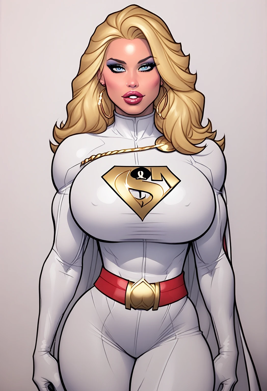 Thin woman, age 25, 4K (High definition), beautiful smiling, seducing gaze, greeneyes, wearing a tiara and a royal dress (gray and gold) with a boat neckline and long sleeves, choker on the neck, brown belt, Caucasian skin, long blonde hair, sitting in a chair, full of curves with freckles across her chest and neck. Marvel style high quality, white background.