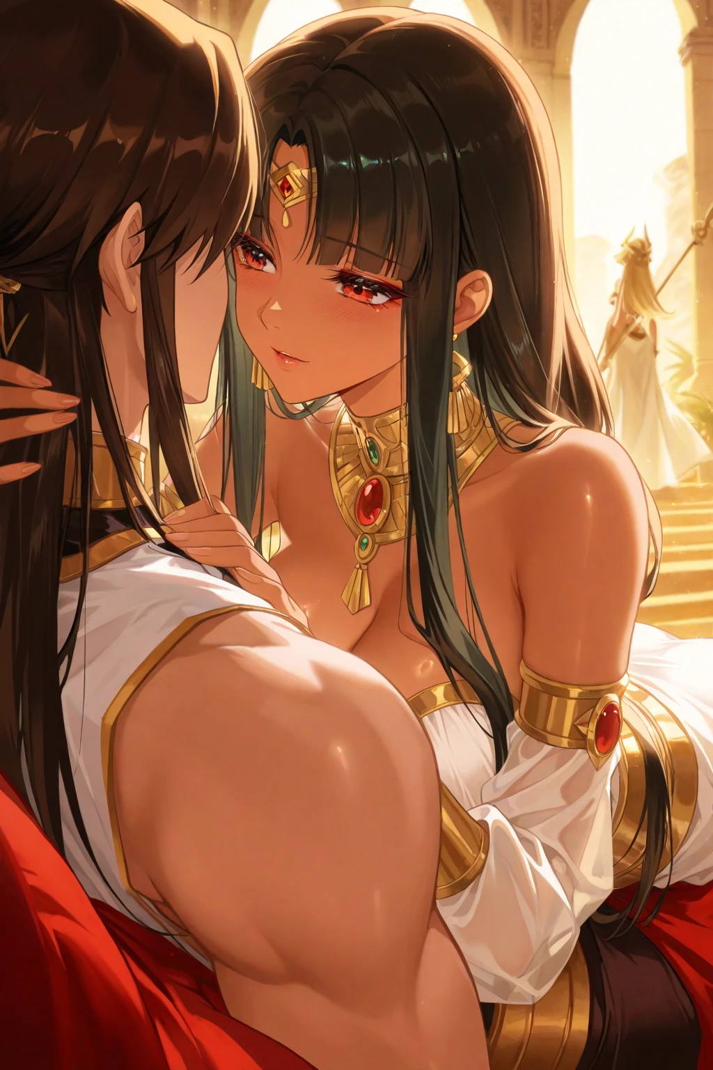 Queen Cleopatra of Egypt kissing and making out passionately with several men in Egypt, sexy, Hot, sweat, vigorous, no clothes, breast exposure, big bust, have sex