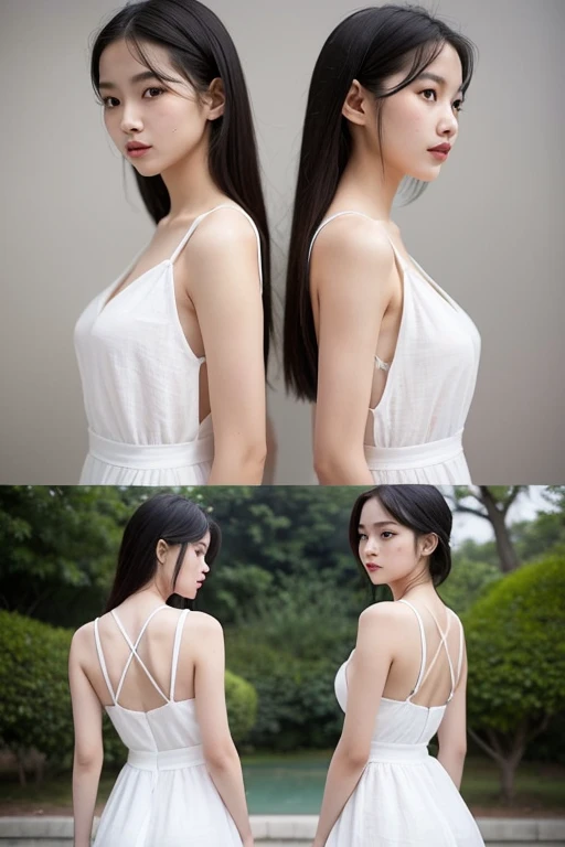 Innocence, Dark green hair, Double tail, Put your hands behind your back, White Dress, Black belt, A girl,blue eyes,