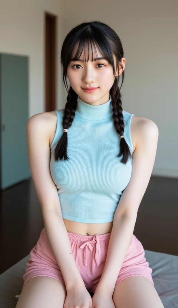 The beauty of 8K RAW photography:2.0, Twin tails, 18-year-old, Great face and dark eyes, Looking at the audience, A joyful smile:1.6, Sticking out tongue, Dynamic pose, Spread your legs, Small Top, (Orange tops, Denim shorts:1.2), Glowing Skin, Realistic:1.9, Very detailed, High-resolution RAW color photos, Professional photos, Shot in studio, Plain Wallpaper, ???? portrait of a girl