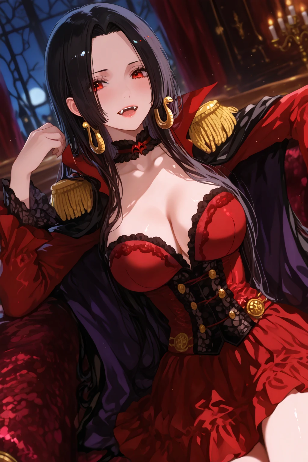 A seductive monster with purple eyes, crimson hair, and a red dress, wielding a knife, chases you down a dark path at night with a maniacal smile.