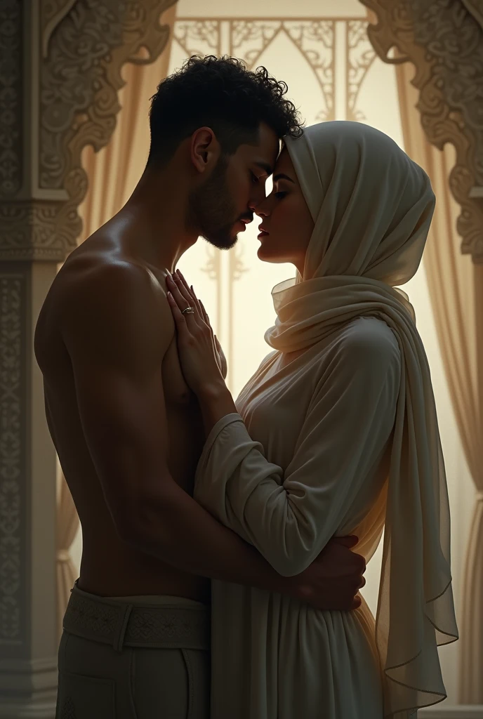 Man kissing the belly button of a Slim Muslim woman with hourglass shaped body wearing a crop top.