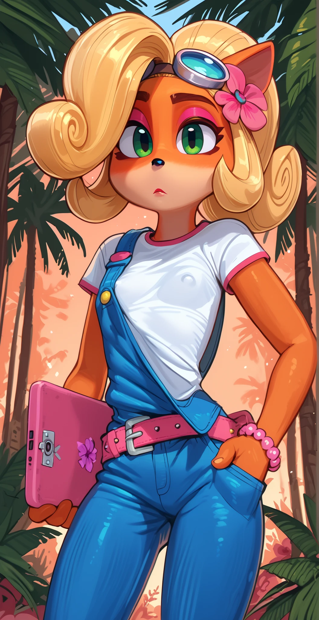 ((Coco bandicoot)), ((pixelsketcher)), ((wamudraws)), (solo portrait, low angle), (attractive figure, small breast, beautiful legs, orange fur, beige underbelly, black nose, lidded eyes, cute green eyes, short eyelashes, blonde hair, curly ponytail, curly bang), (white t-shirt with red lining, covered nipples, overalls, back pockets, pink utility belt, pouches on hips, pink bracelet, goggles on head, pink flower in hair), (standing, holding pink laptop, tilted hip, looking at viewer), (tropical forest, sunset)