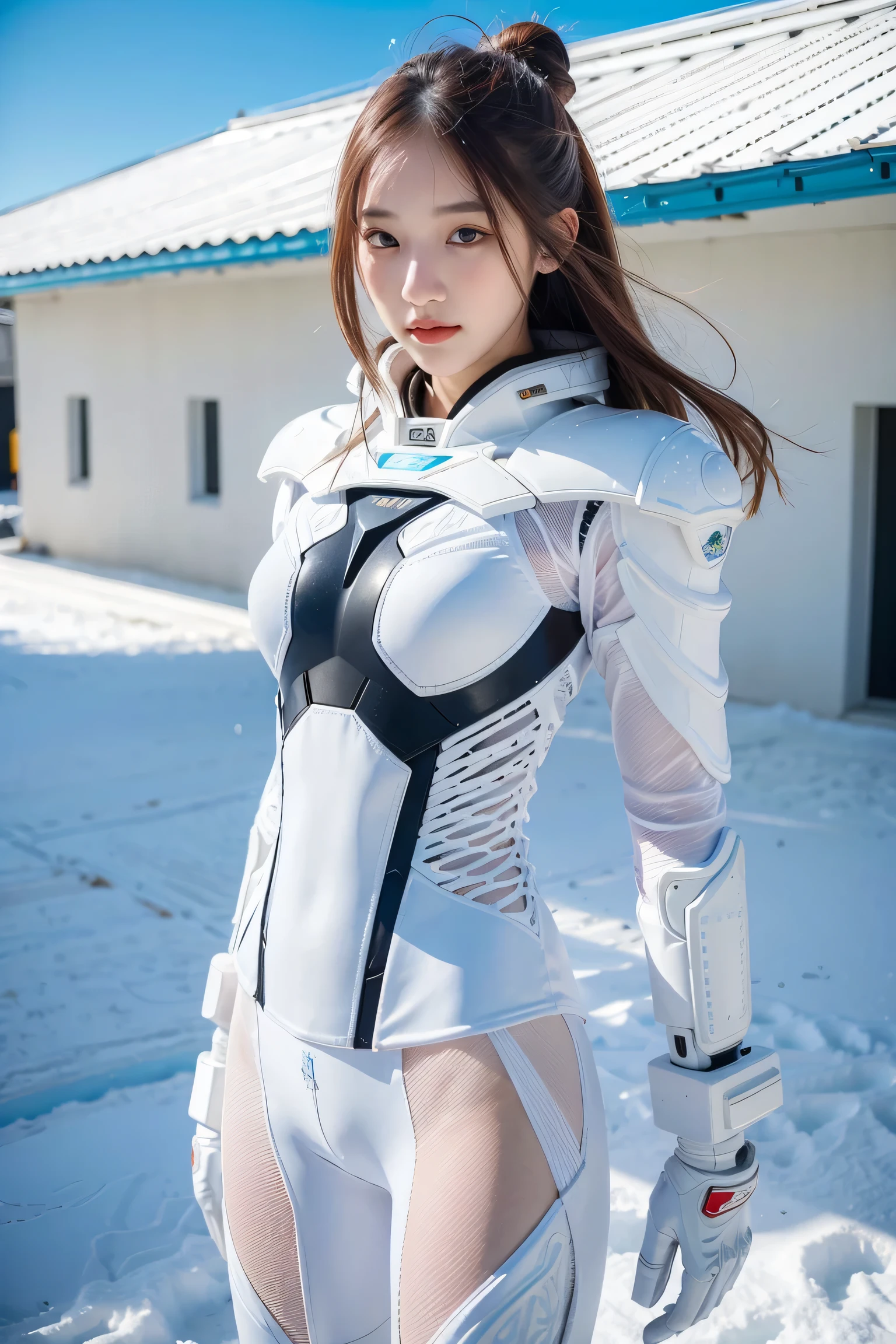 1 girl, Lovely, Ice and Snow World, alone, skinny, wind, Mecha suit, whole body, pretty face, Decorated with intricate patterns and delicate lines, Mecha suit,Exposed breasts