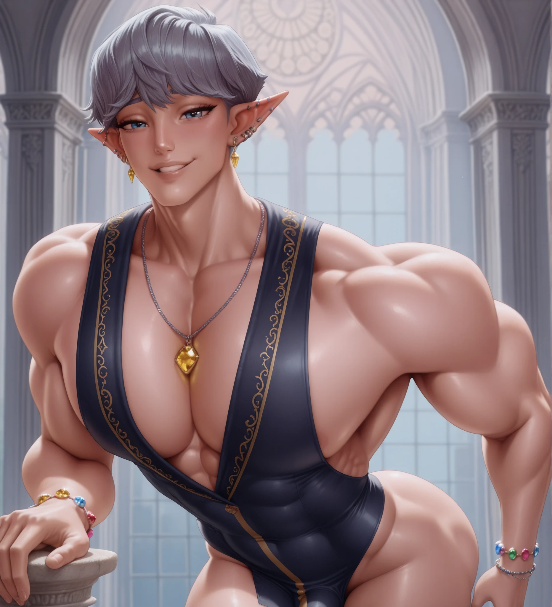 (masterpiece, best quality), 1boy，younge boy，???'s face,Children's faces，Juvenile faces，Lying on a huge amethyst stone，Curl up，ssmile，adolable，infancy，Young age，Short round face，Flat chin，Pink briefs，musculous, Short purple hair with a very light color,Heterochromatic eyes in gold and purple, 复杂,Black collar， nakeness， Skinny briefs,Pectoralis abdominal muscles，cleanness，vivd colour,(depth of fields:1.2),(abs),The upper part of the body，looking at viewert，Lying on a huge amethyst stone，The body curls up，Asian people,chineseidol，upperbody closeup，the night，No light source