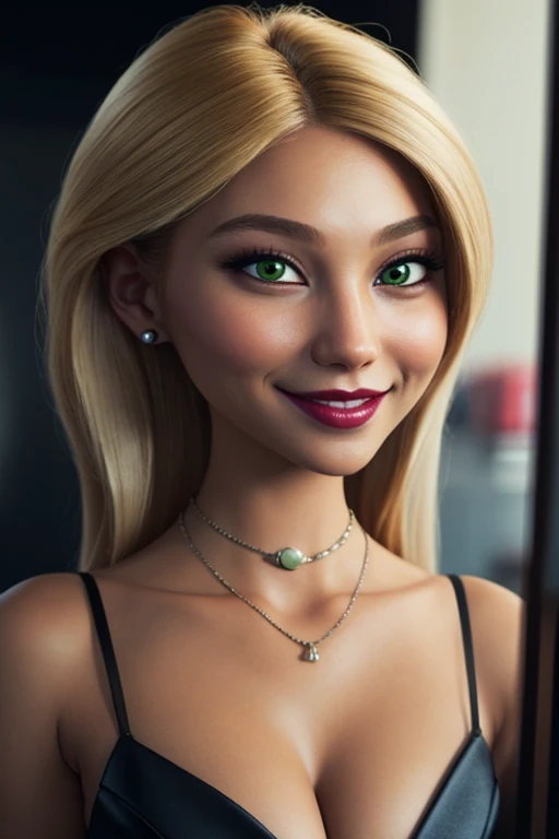 (masterpiece:1.2), (best quality), (ultra detailed), (8k, 4k, intricate),(full-body-shot:1), (highly detailed:1.2),(detailed face:1.2), (dynamic pose:1.2), <lora:more_details:0.5>, <lora:mirage:0.7>, miragex, 1girl, solo, long hair, breasts, smile, white hair, green eyes, dress, cleavage, jewelry, medium breasts, necklace, purple dress, makeup, pearl necklace,