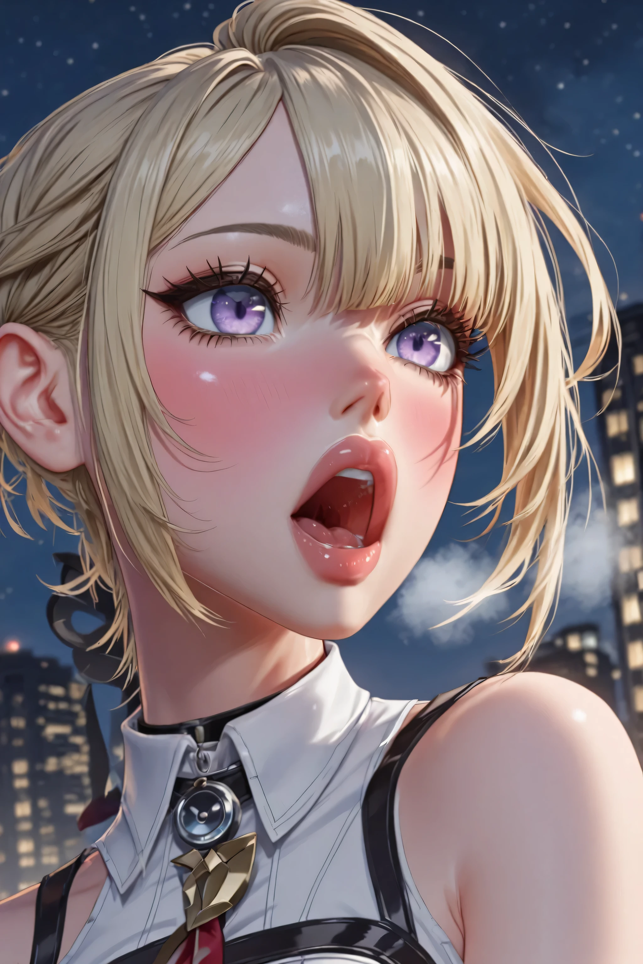3DMM,purple eyes, blonde hair, short hair,adult evelyn chevalier:1.0, dynamic pose:1.0, masterpiece, ultra-detailed, :1.0, :2.0,  pose:1.0, thick  seams:2.5,  neck seams:2.5,  :1.5,   seams:1.posed :1.5, heavily blushing, heavy breathing,  mouth:3.0,  lips:2.5, big mouth, big lips, open mouth,long eyelashes, photorealistic details, detailed eyes, volumetric lights, night city scenery