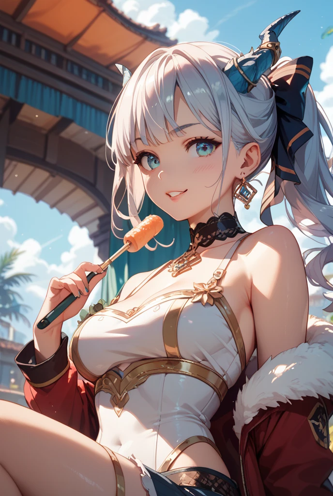 with brown skin(tmasterpiece,:1.2,best qualityer),(1lady,独奏,Upper body body:1.2),garments:Short sleeve accessories:Issuing ,balloons,naturey,Glowing skin,Brown skin behavior:Shyness blush,Smile location:An amusement park,Brownish-yellow eyes,gigantic cleavage breasts,long white hair