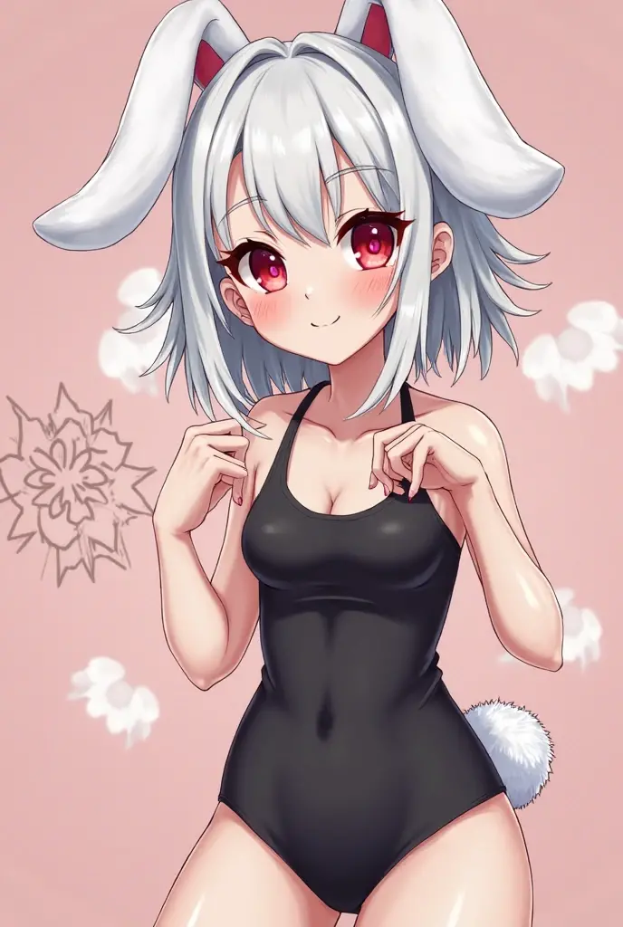 draw a anime girl with, white strapless bodysuit, white rabbit ears, white heels, black legs, white collar with pink bow, gray eyed, with a smile, blushing cheeks, in a mischievous pose, pink fur