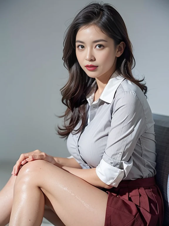((highest quality、masterpiece、Ultra-high resolution、8K、UHD))、1 girl、Delicate face、Detailed eyes and face、double eyelid、Pretty Face、Tall and beautiful woman、Long, slender legs、Slim and stylish、bewitching and sexy woman、Obscene、Erotic、(Semi-transparent shirt with collar:1.2)、(Slim Abs:1.2)、(Checkered Skirt:1.3)、(Shiny silk pantyhose)、High heels、Cleavage、Modern architecture in the background、Detailed Background、Tiffany Necklace、Earrings、bracelet
