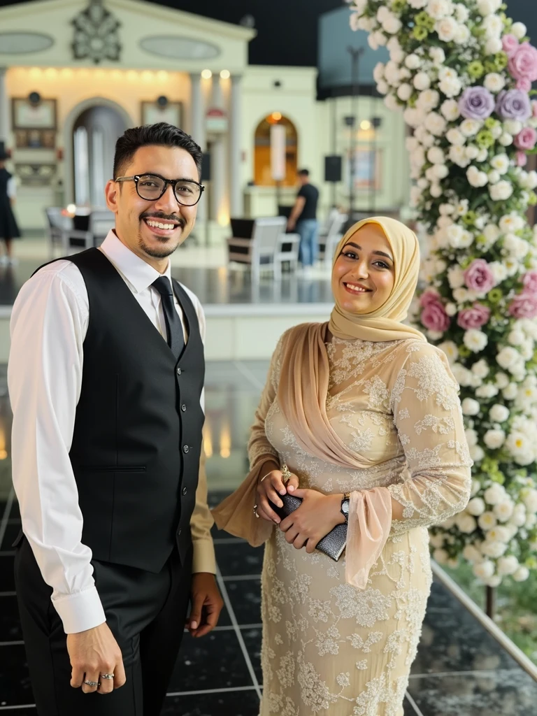 A cute young muslim housewife and her businessman husband, standing in living room, looking to camera, photography,cozy atmosphere, morning scene,tranquil surroundings,serene expression,peaceful environment,pleasant weather,blissful ambiance,textured fabrics,exquisite detailing,loose hijab,comfortable clothing style,serene expression,joyful atmosphere,sunny day,bright and cheerful,face to viewer,body facing to viewer,full body portrait,tall background