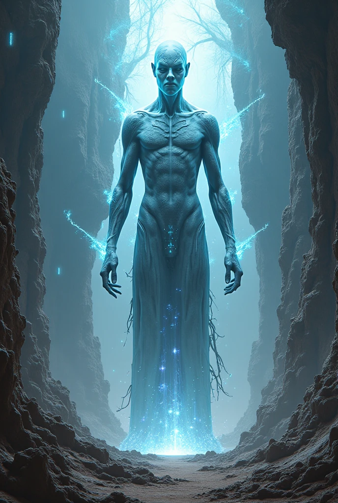 Being fantastic beautiful male bright cyan color, with textures on the skin, long, thin legs and arms, with a beautiful but not human face.