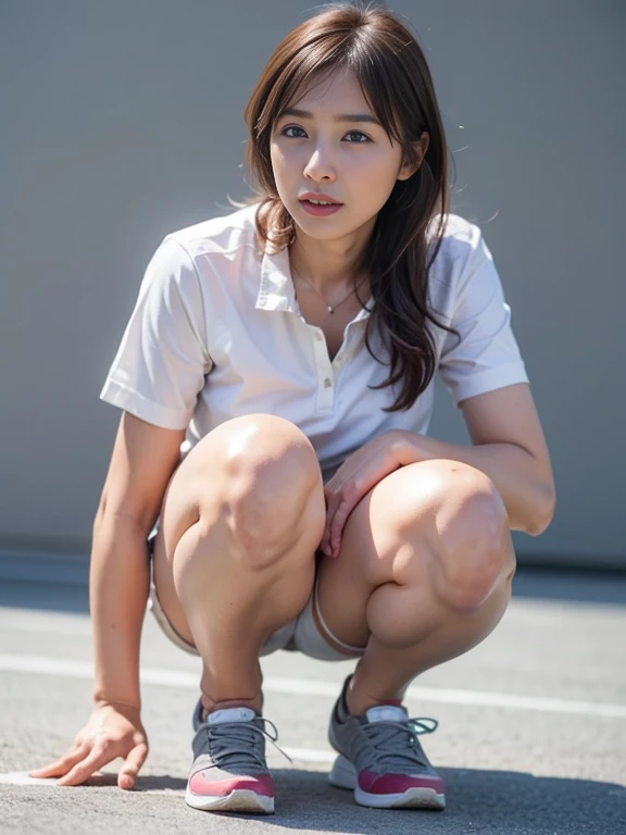wearing basketball jersey, huge tits, ponytail, smile, very tall pretty woman, japanese mature woman. black hair, squatting and leg spread near the hoop, exposed breast, exposed nipple, puffy nipple,visible nipple, super tits