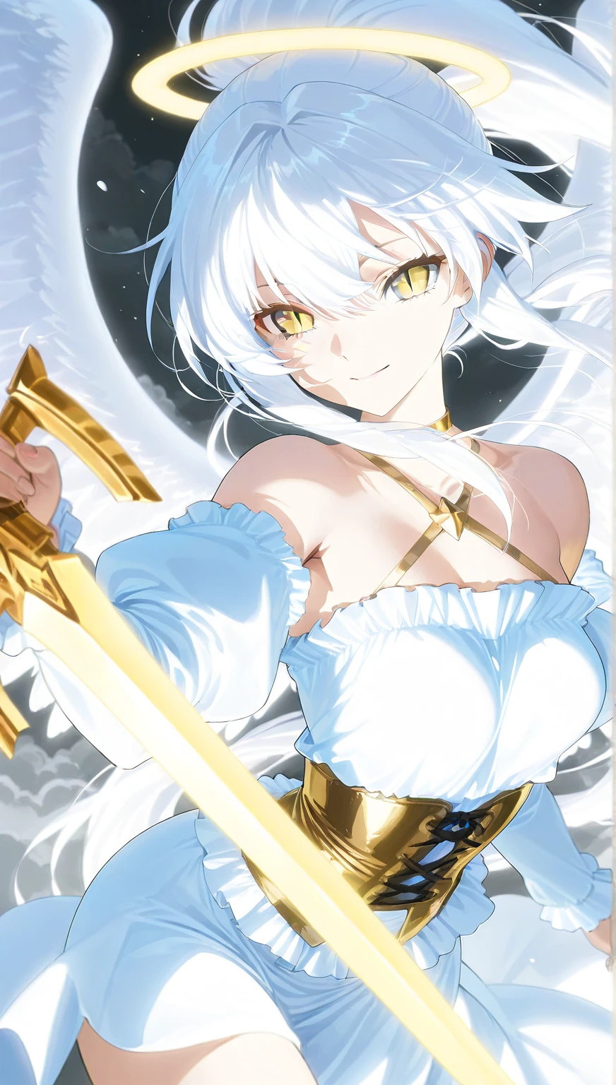 NSFW,((One man and one woman,Is giving a titjob)), Paizuri squeeze,paizuri,breasts blowjob,breast in 1penis,tobiichi origami angel,short hair,white hair,white skirt,Ahegao,simple background,Highest image quality,masterpiece