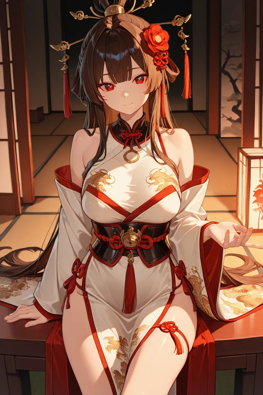 (((masterpiece))),(((best qualtiy))),((Ultra detail)),(illustration)，huge tit，Dummy thicc, Exposed kimono，Kitsune wife in japanese palace, Facing the audience ，Take off half of your kimono，Long straight black hair，Largest breasts，Clean smooth and delicate white silk long legs，Gorgeous red Japanese kimono , Fox ears and nine fox tails , Thicc thighs , Tall woman , Seductive smile, Single girl