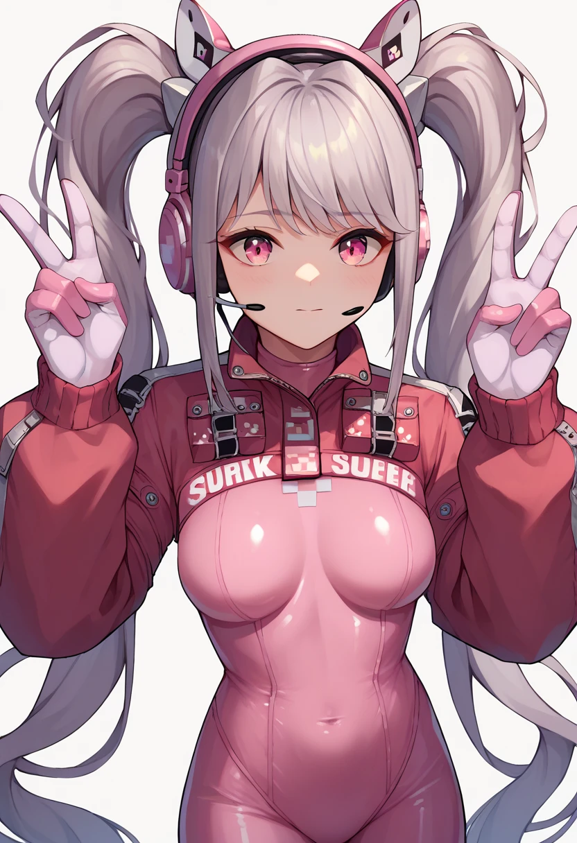 One girl, Animal ears, bangs, blush, Bodysuits, chest, Mouth closed, fake Animal ears, gloves, Headphones, headset, Horse&#39;s ears, Impossible clothes, Jacket, Big tits Long hair, Long sleeve, View your viewers, pink Bodysuits, Pink Eyes, Simple Background, Fits perfectly to the skin, smile, alone, Twin tails, Upper Body, Very long hair, White Background, white gloves, Gray Hair,Alice \(Nod\),(masterpiece:1.4),(Highest quality:1.4),(Shiny skin),Realistic
