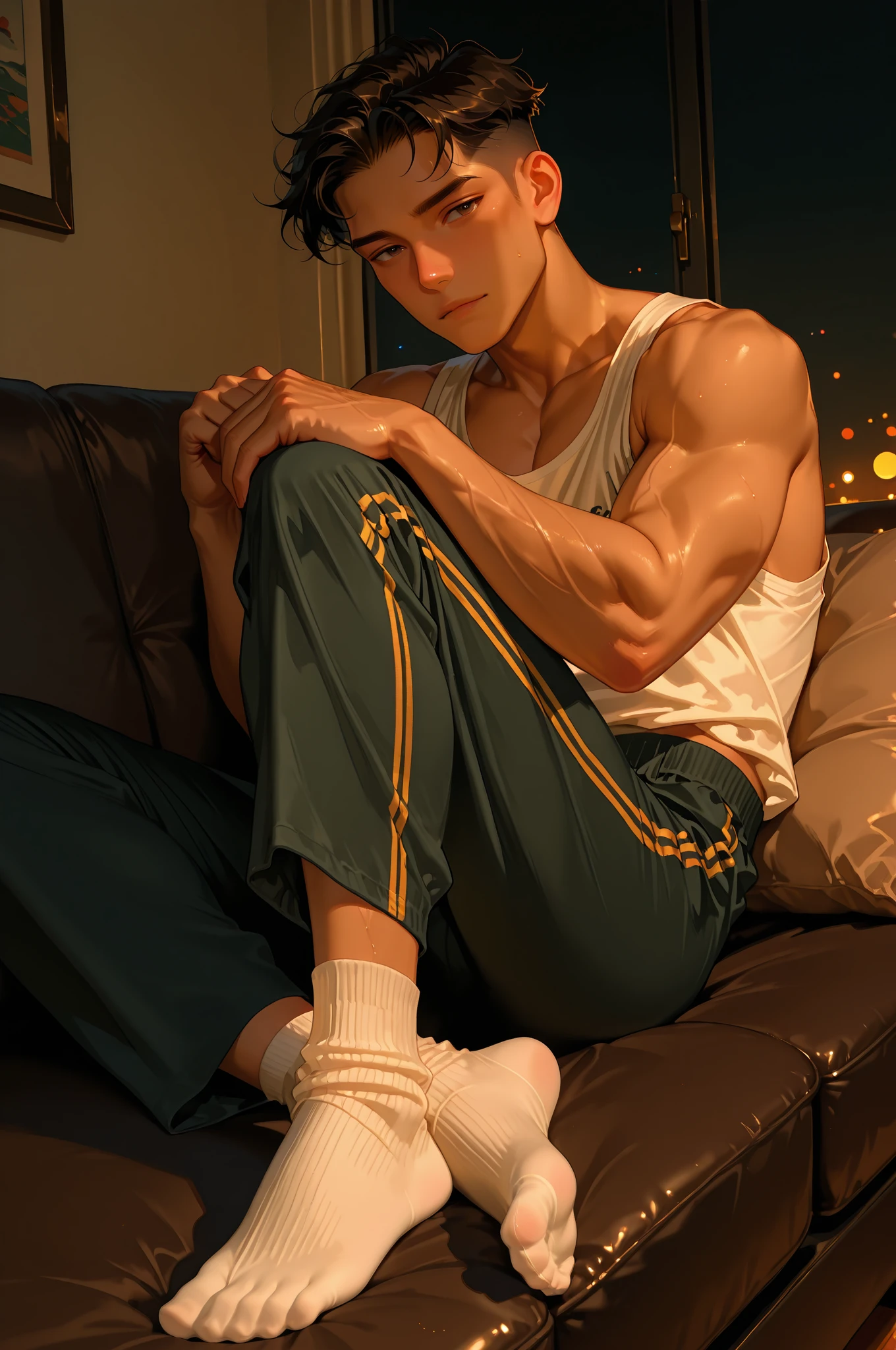 Peter Pan examines the buttocks of a 20-year-old Brazilian boy, wearing tight sweatpants with a protruding convex codpiece. Muscular, with round, firm, perfect buttocks, Aesthetic, erotic, beautiful