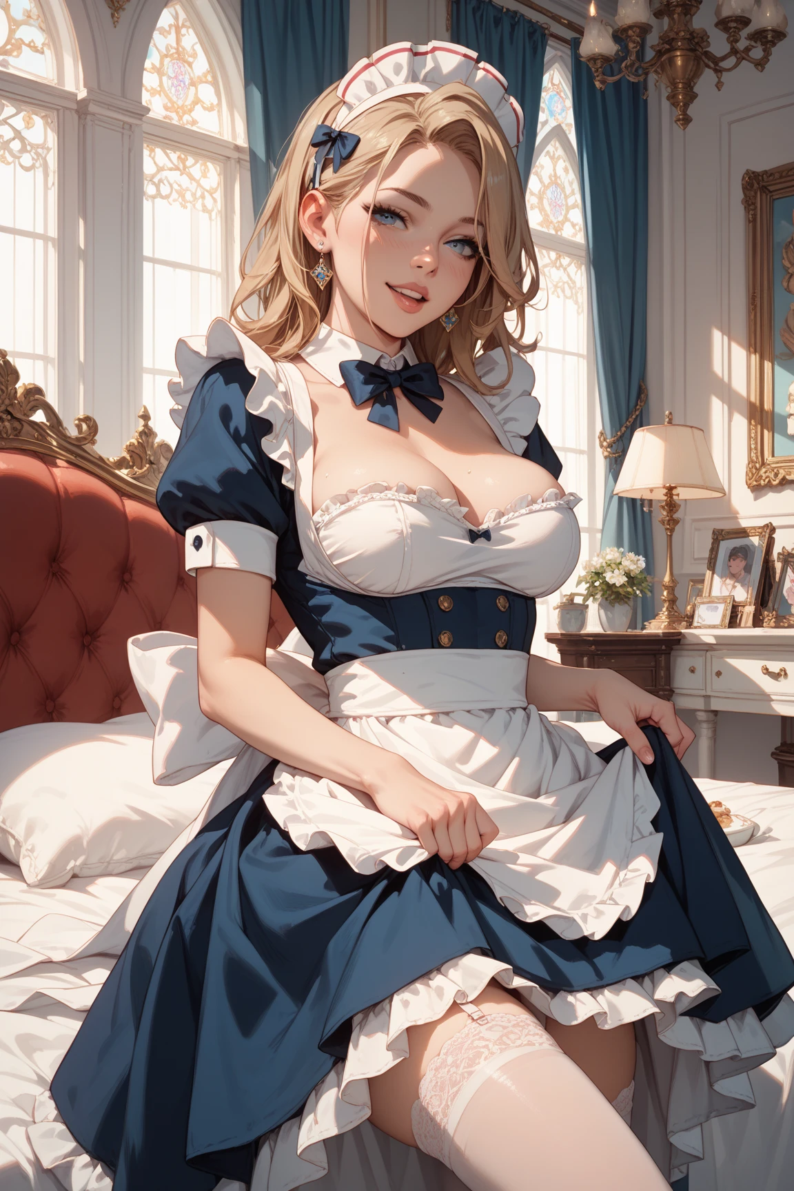 1girl, solo, masterpiece best quality, 26 year old Scandinavian woman, Short blonde hair, bun-like hairstyle, bright blue eyes, large breasts, dark blue strapless dress, corset, cleavage, bare shoulders, diamond tiara, white stash, full body shot