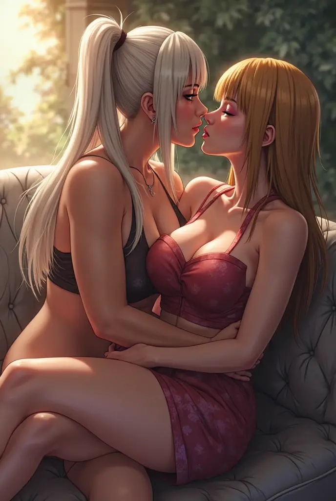 Two beautiful girls with healthy skin, lesbians and obvious muscles are kissing and licking each other, saliva is flowing from the corners of their mouths, and their breasts are touching each other.  They wore skin-colored kimonos with high slits, adjusted to thigh length, and long slit pants.    Has tassels or other accessories.    Clothes can accidentally unravel (come apart), become embedded (causing clothing to pull on the crotch), and tops can slip off (causing exposure).    The expression is fiery and defiant.     (Masterpiece, Best Quality: 1.2), beauty, pink hair, shiny skin, seductive pose, cleavage, wet skin, crop top, exposed breasts, large breasts, exposed breast detail, staring Eyes, exaggerated blonde hair, sharp edges, moody lighting, artfully melted vanilla ice cream.    Cream cheese slurry running down, stains dripping everywhere, provocative pose, amazing ass, legs spread.    Details: The legs are spread wide, the M-shaped legs are dark, the eyes are super beautiful and shining during orgasm, and the big breasts reveal the cleavage.    nipple.    navel, light pink, muscular, legs spread, juicy, wet, seductive, big breasts, cleavage exposed, navel, dark brown skin, blonde, long straight hair, schoolgirl cut, cosplay, late night, wet, sweaty Armpits, (tanned) face): 1.6), healthy tanned skin, white underwear, pink underwear, skin color underwear, black underwear, underwear moved to the thigh side, with a large amount of viscous white liquid seeping from it come out.    Field Bokeh, (Detailed Background), Perfect Layered Cut, (Full Body Shot/Cowboy Shot/Side View), 8K, Gorgeous Lips, (Masterpiece), (Best Quality), (Ultra Detailed), ((Sexy) ;1.5) ) Very beautiful, illustrations, perfect composition, intricate details, ridiculous, detailed faces, (anime, masterpiece, complex: 1.3), (best quality, hired textures, high details: 1.2), (4k) , (Extreme Details: 1.4)