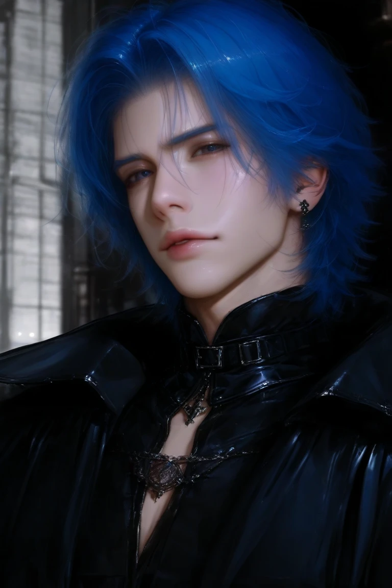 arafed man with blue hair and a furry coat posing for a picture, xqc, cai xukun, v from devil may cry as an elf, cosplay realista, blue elf, as anime character, from final fantasy, Ulzzang spacious, cosplay de anime, elfo com blue fur, he has dark gray hair, with blue hair, blue fur