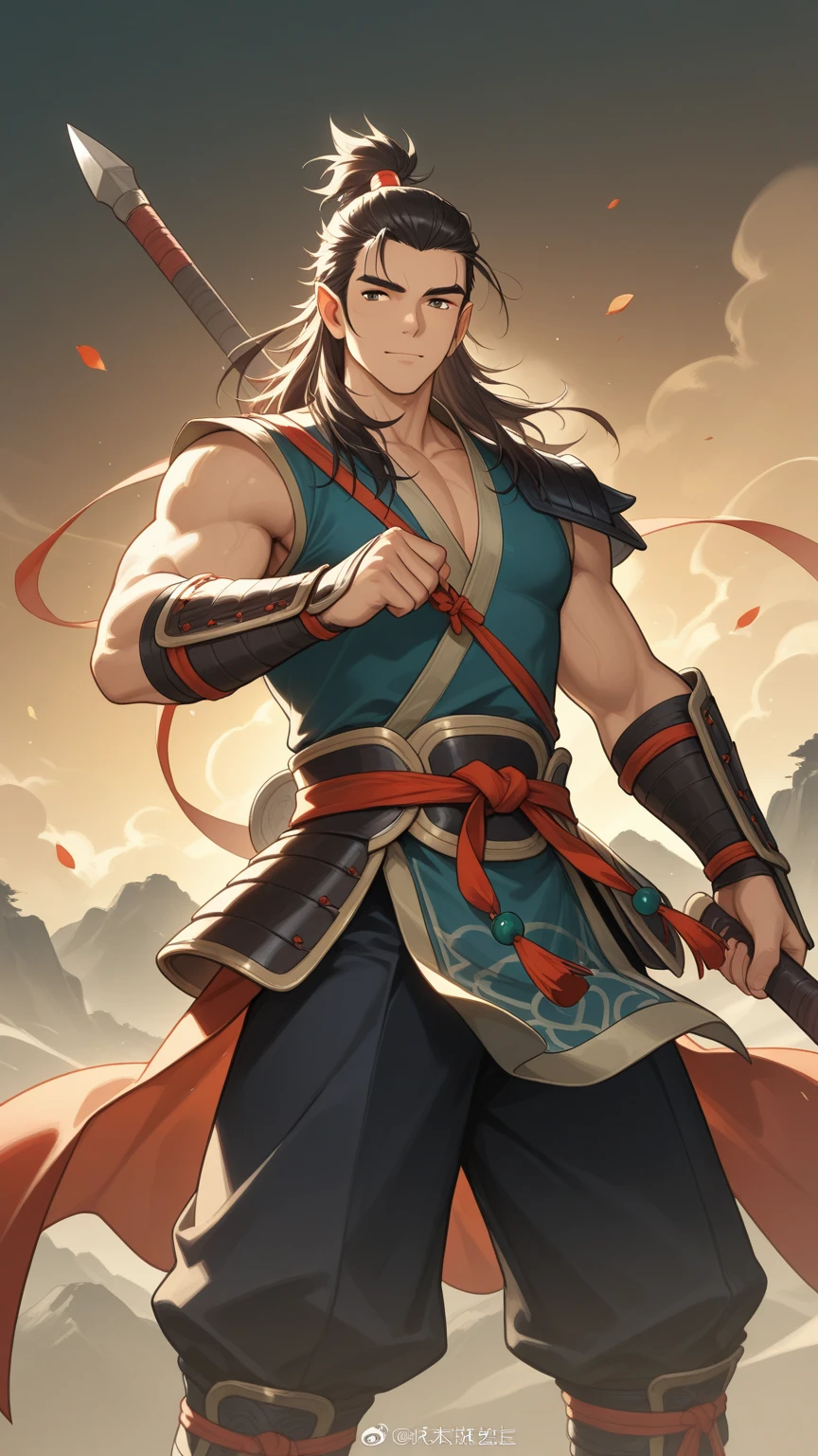 best quality, male, teenage, fair skin, ??????, barefoot, ???? shoulder, ???? legs, earrings in ears, ankle rings, ancient Chinese style, long hair, a teenager standing on a mountain and dancing,