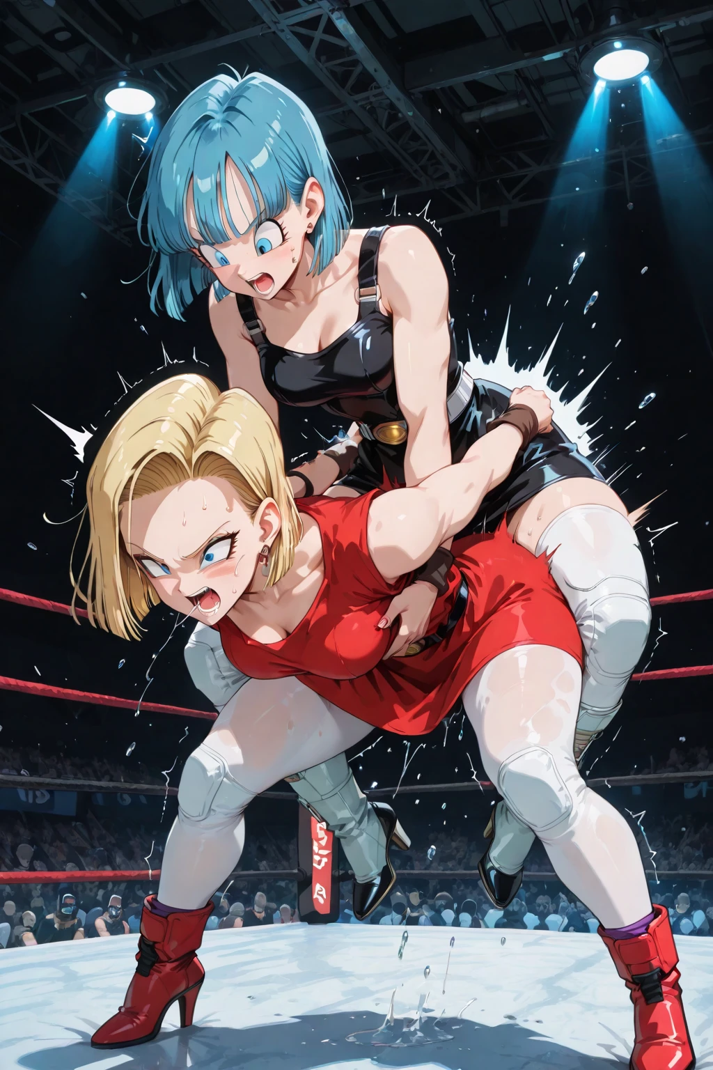 masuter piece、top-quality、8K、Impresionismo、Photorealsitic、Women's Pro Wrestling、dynamicposes、Leotard、dazzling lights、professional wrestling、An enthusiastic crowd is watching、Two women in latex wrestling costumes are posing for a picture、sex battle,cat fight,