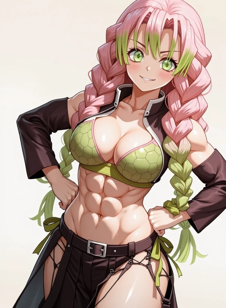 green hair,Green skin,Female beast-person,pointy-eared,Fangs,Big Breasts,muscle,Abdominal muscles,animal skin top,Bare Arms,underwear,Bare Legs