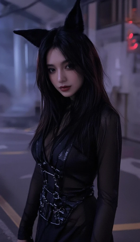 masterpiece, Highest quality,dnfSpectre, Earrings, Cleavage, Black jacket, Black leotard, pantyhose, Black gloves, sunglasses, night, Abandoned City, Large Breasts,(NSFW:1.0),(Long white hair)