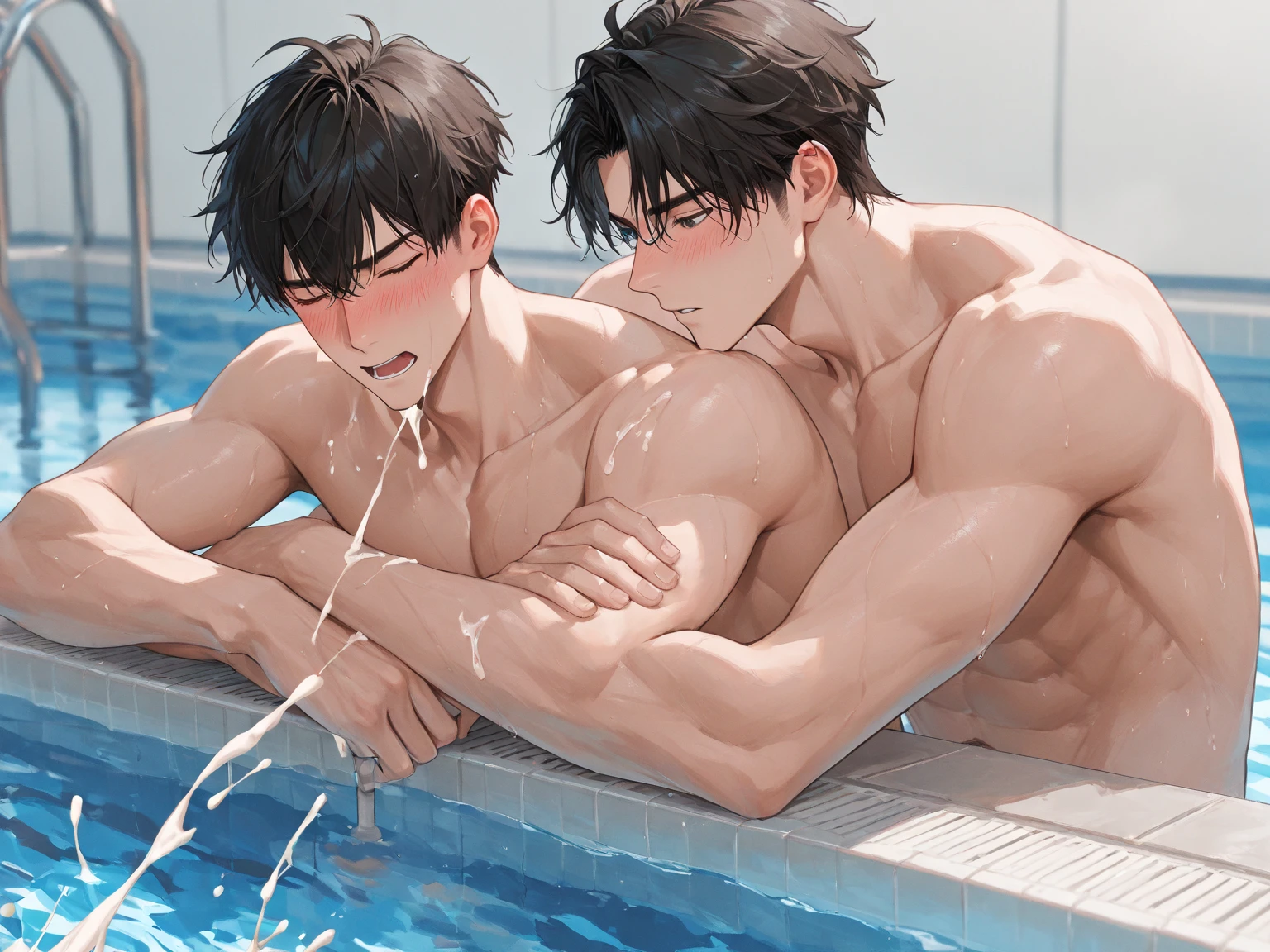Two boys swimming together，swimmingpool，Raised sexy