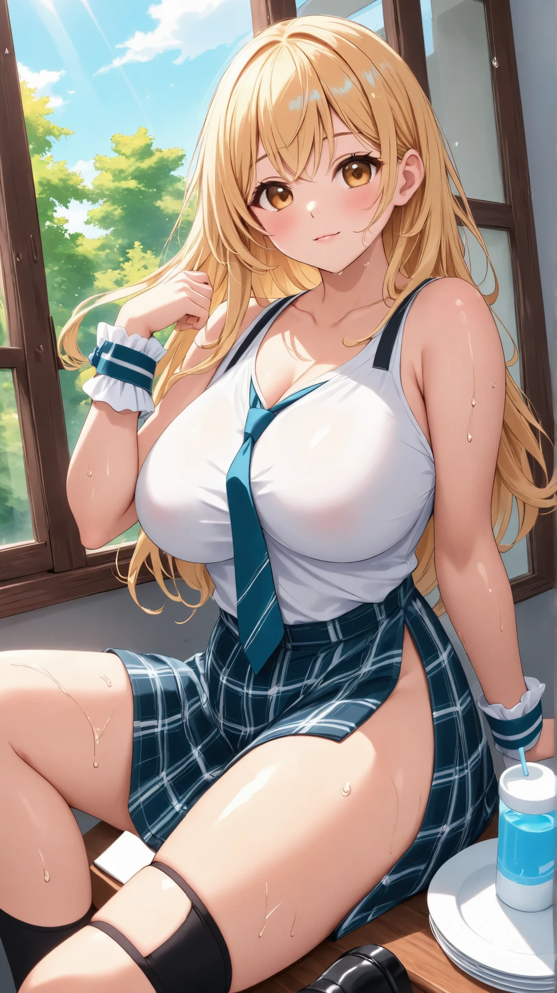 (curvy), (Toned), Highest quality, Super detailed, masterpiece, Ultra-high resolution, 8K, Ridiculous, Cowboy Shooting, Blurred, Focus on the girl, Embarrassing, blush, Lovely, Open your mouth, What saliva leaves behind, (white tanktop), (micro mini skirt), Wet skirt hem, (Sticky panties:1.1), (cleavage), (cleavage), Classroom Background, The skirt is accidentally exposed,[1girl, kousaka kirino, ore no imouto ga konna ni kawaii wake ga nai], (large breasts), (crop top navel), (waist line), Accidentally exposed panties