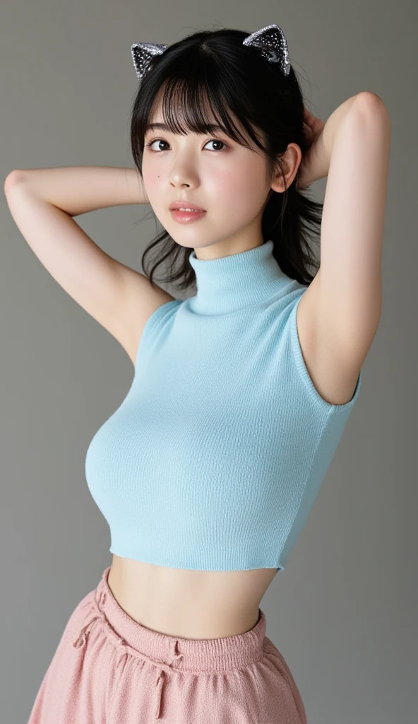 best quality, photorealistic, 8k, high res, 1girl, woman, (skindentation),  (professional lighting), (portrait:0.6), (blue turtleneck sweater), gorgeous, (short black hair:1), (looking at the camera), ((looking at viewer:1.5)), (looking at the camera), photorealistic, (bokeh), (portait:0.6), gorgeous, (dynamic pose:1.2), intense lighting to face area, lips, (teeth:1.3), smile,