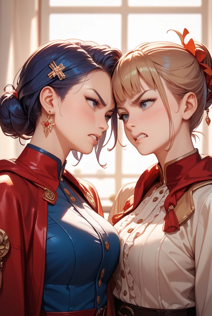 score_9, socre_8, 2girls, women aligned, (confrontation), (looking at viewer), jewel, gorgeous, splendid, luxurious, aristocrat, noble, arrogant, (golden), goddess, queen, forehead, mature women, embroidery, white satin dress and gloves and cape, gleaming skin, detailed pupils, perfect eyes, face focus, Simple Background, best quality, high resolution, all intricate,