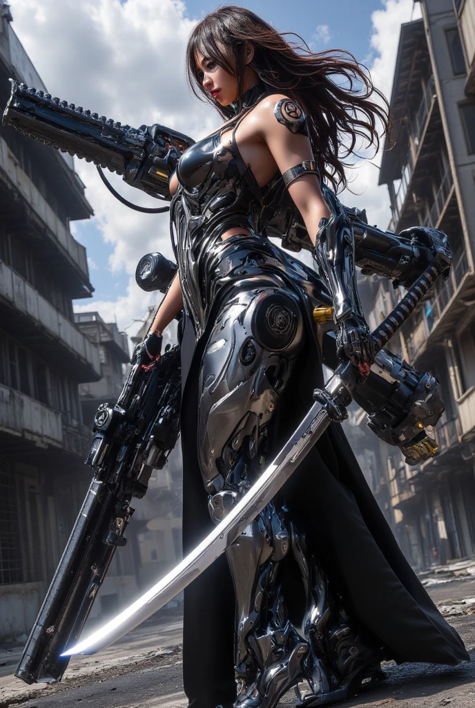 highest quality、surreal、perfect anatomy、Wet and shiny white skin、model body shape、Sweat dripping all over the body、Super small face、Ahegao、Cyberpunk City、Black urban techwear、Pink, silver and gold hair、Black micro bikini、Neon lights、tattoo、Japanese sword、Rubber Suit、